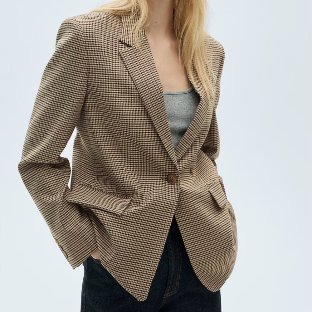 Mango Tan Houndstooth Single-Button Blazer
